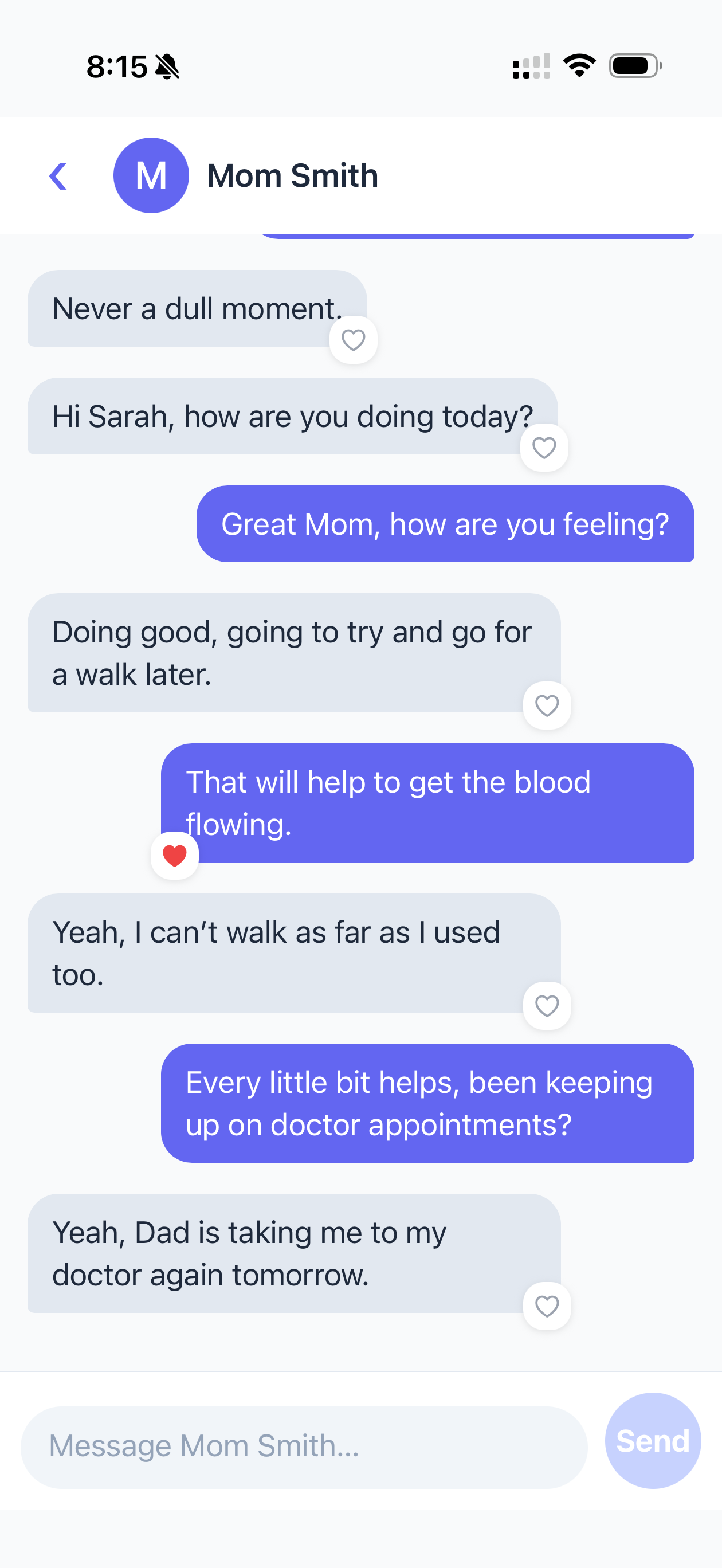 Tendly Connect companion app on iPhone showing simple messaging