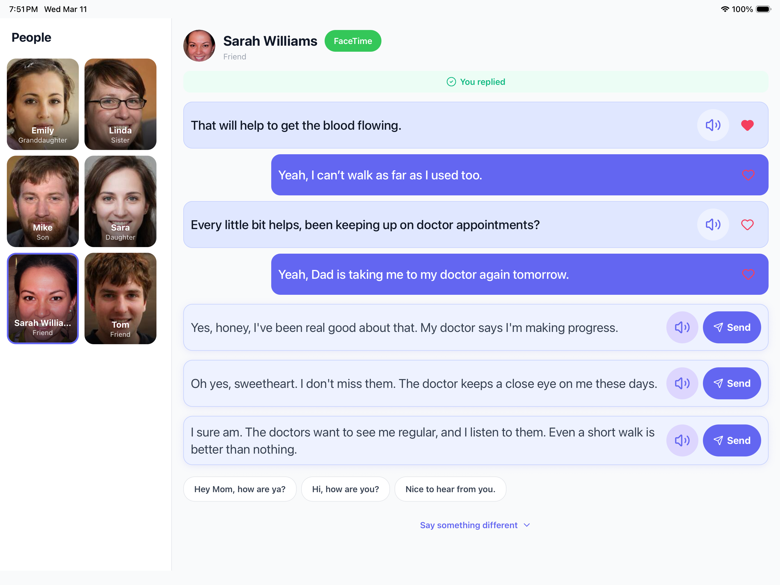 Tendly iPad app showing messaging with large photo tiles and AI-powered reply suggestions