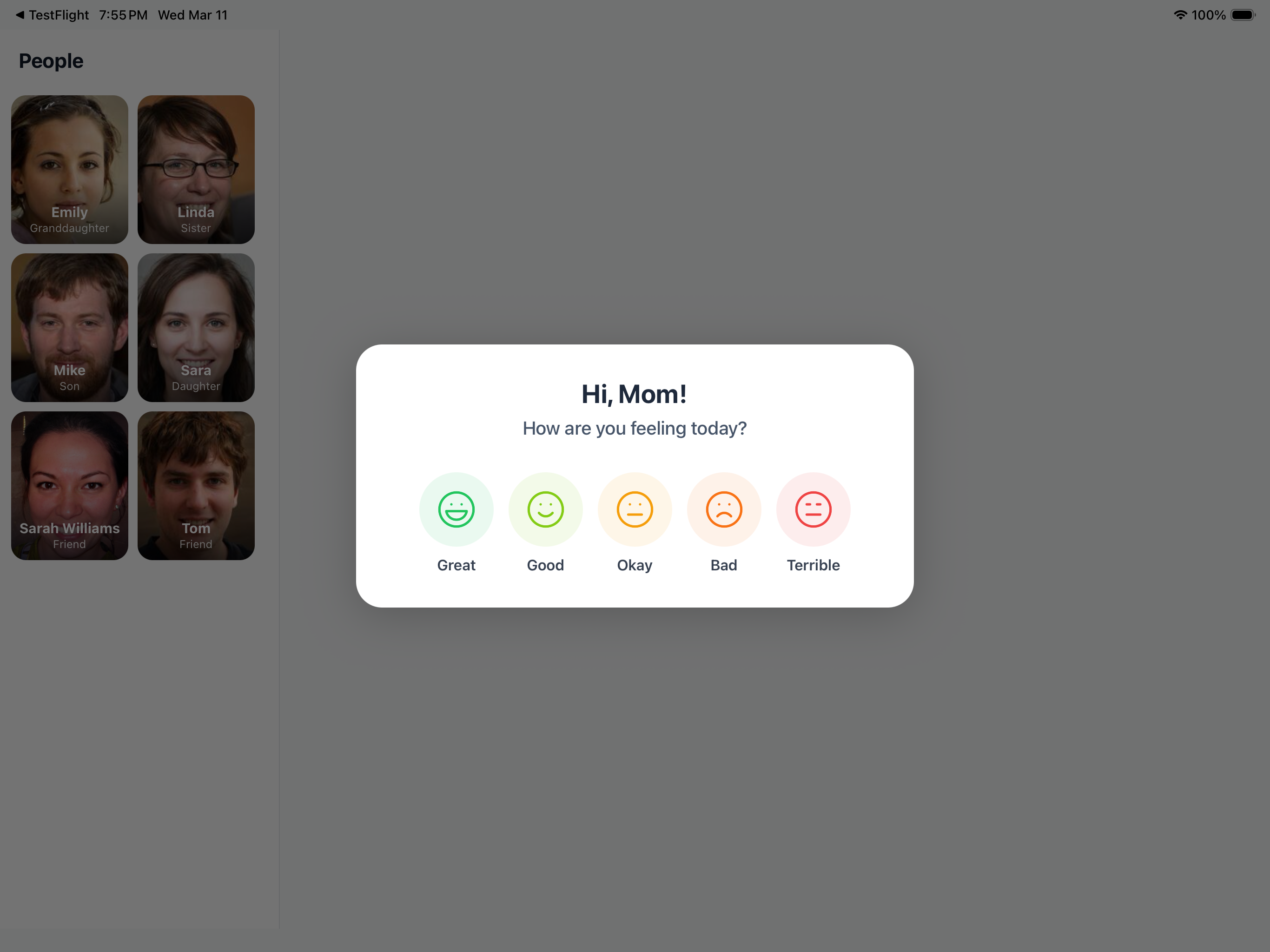 Tendly mood check-in asking How are you feeling today with simple emoji choices